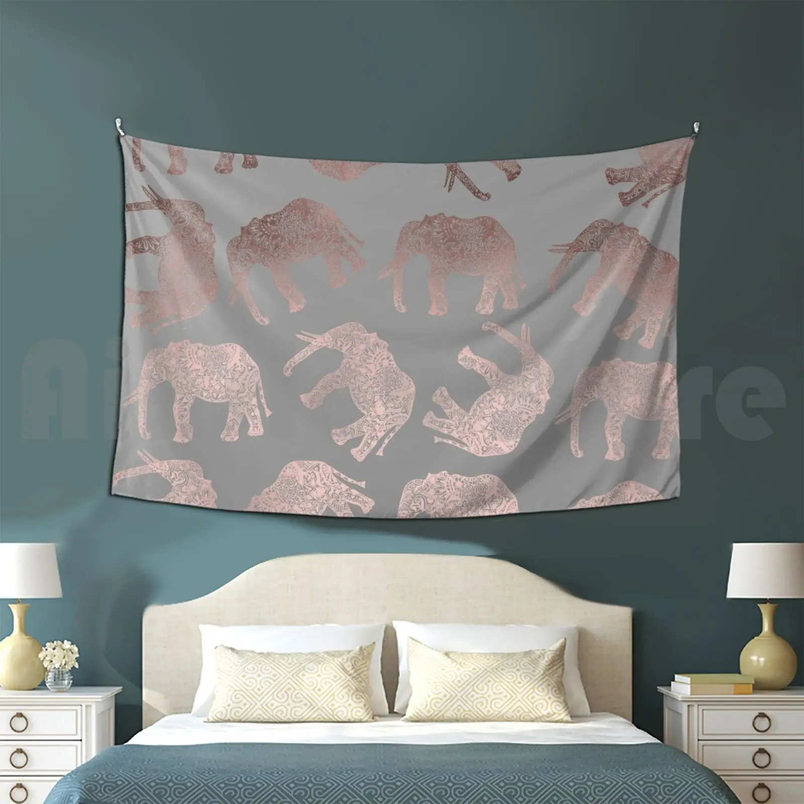 Stylish Boho Rose Gold Elephant Pattern Tapestry Living Room Bedroom Elephant Animal Animals Elephants Floral