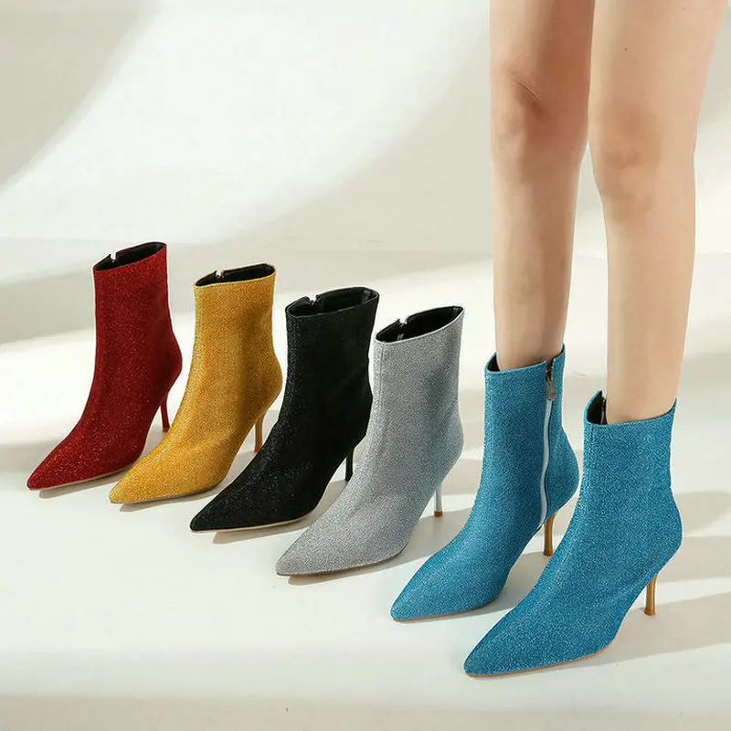 

2021 New Women Ankle Boots Stretch Fabric Pointed Toe Women Thin High Heel Shoes Side Zipper Ladies Sock Boots Big Size 34-45