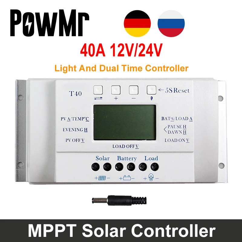 PowMr 40A 12V/24V Auto MPPT Solar Charge Controller Adjustable Double Time Control LCD Display For Home Solar Panel PV Regulator