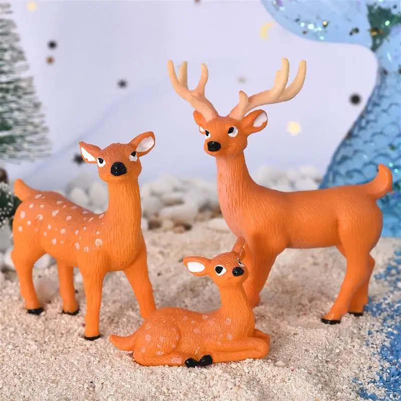 3pcs/Set Sika Deer Cartoon Animal Figurine Dollhouse  Home Decor Miniature Fairy Garden Decoration Resin Christmas Gift