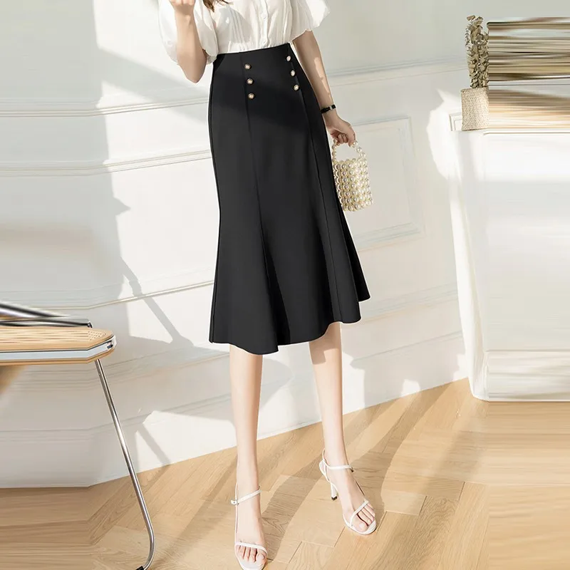 Office Lady Elegant Mermaid Skirts New Arrival 2021 Summer Fashion Korean Style Double Breasted Women A-line Long Skirt W430