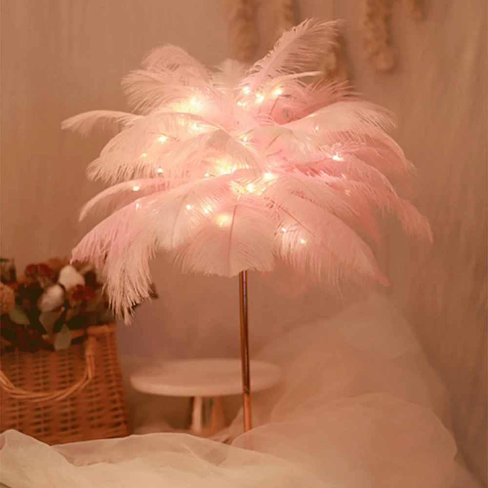 Creative DIY Feather Table Lamp Remote Control USB/AA Battery Power Warm Light Tree Feather Lampshade Wedding Home Bedroom Decor