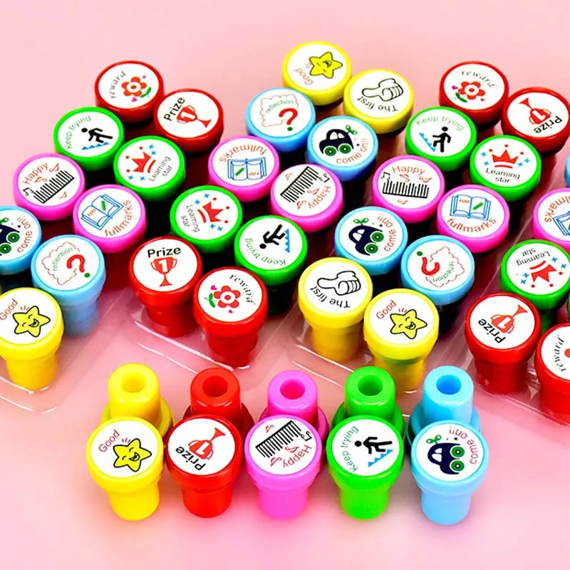 10pcs/Set Round Multicolor Fun  Cute English Child DIY Scrapbook Kids Stamp Cartoon Rubber Stamps Scrapbooking Reward Toy