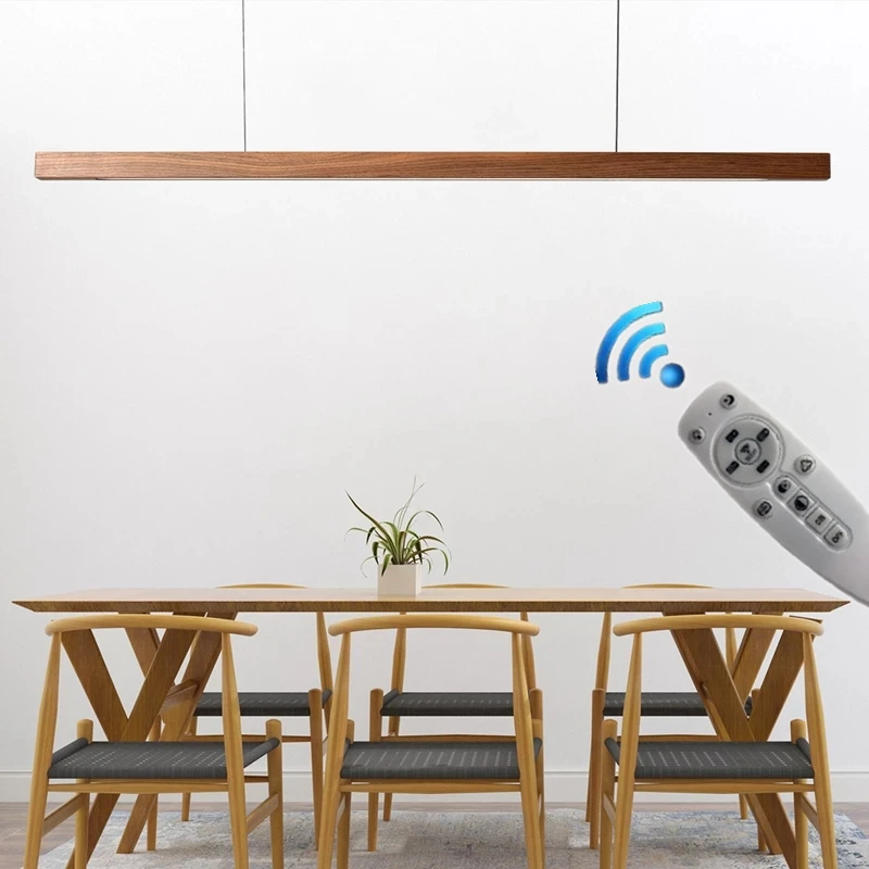 

Remote Nordic Solid Wooden Pendant Lights LED Wood Pendant Lamps for Dining Living Room Kitchen Shop Long Strip Hanging Lamp