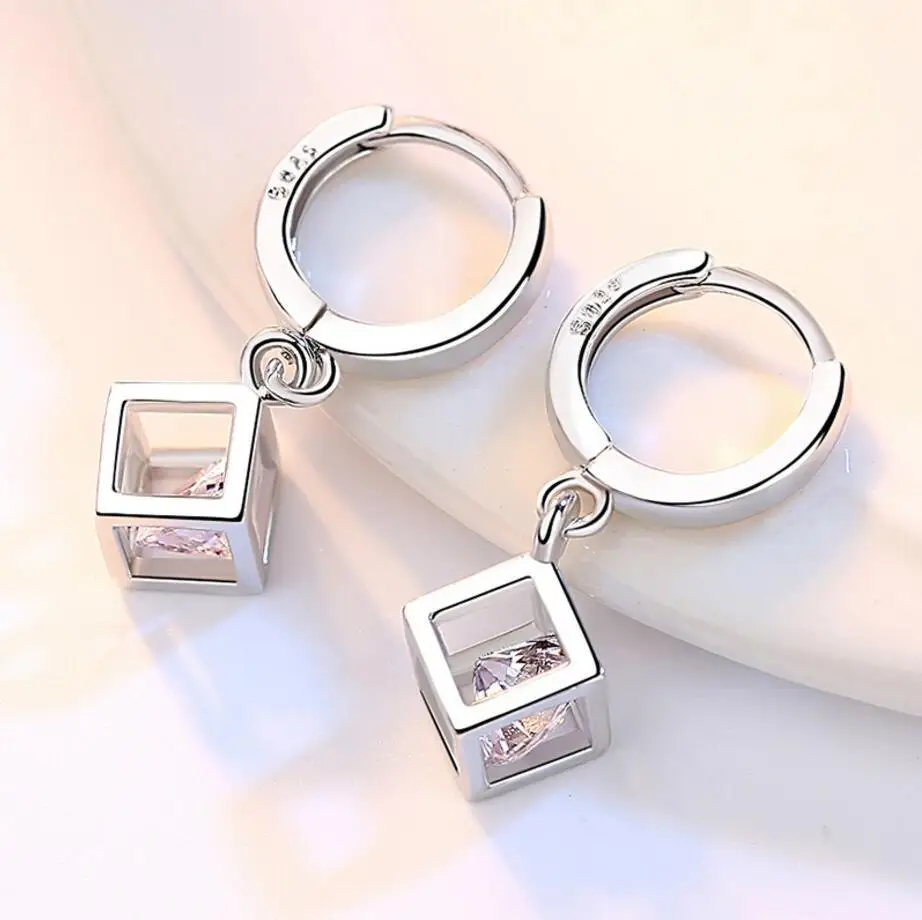 925 Sterling Silver Cube Amore Finestra Zirconia Zucchero Orecchini A Pendaglio Per Le Donne brincos de prata Best Regalo S-E228