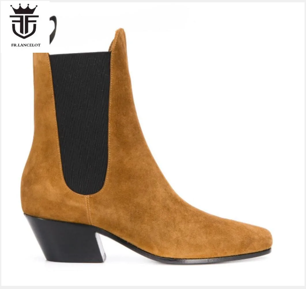 

2021 brand new men suede leather boots brown and orange ankle booties male party shoes slip on casual men boots