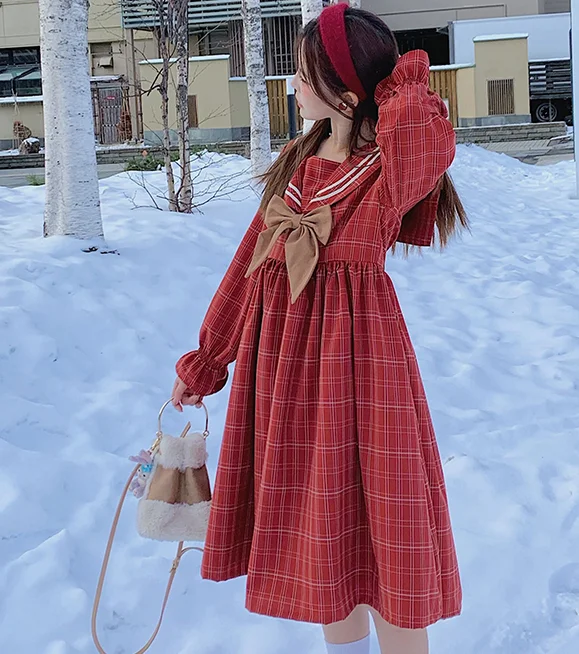 Navy collar red grid retro dress Japanese girl college style  peter pan collar high waist victorian dress kawaii girl gothic