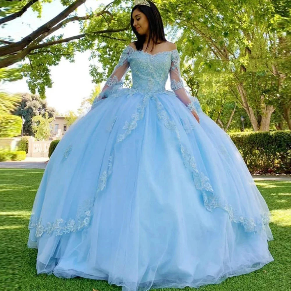 

Angelsbridep Blue Tulle Ball Gown Quinceanera Dresses Long Sleeves Appliques Crystals Celebrity Dresses Vestidos De 15 Años