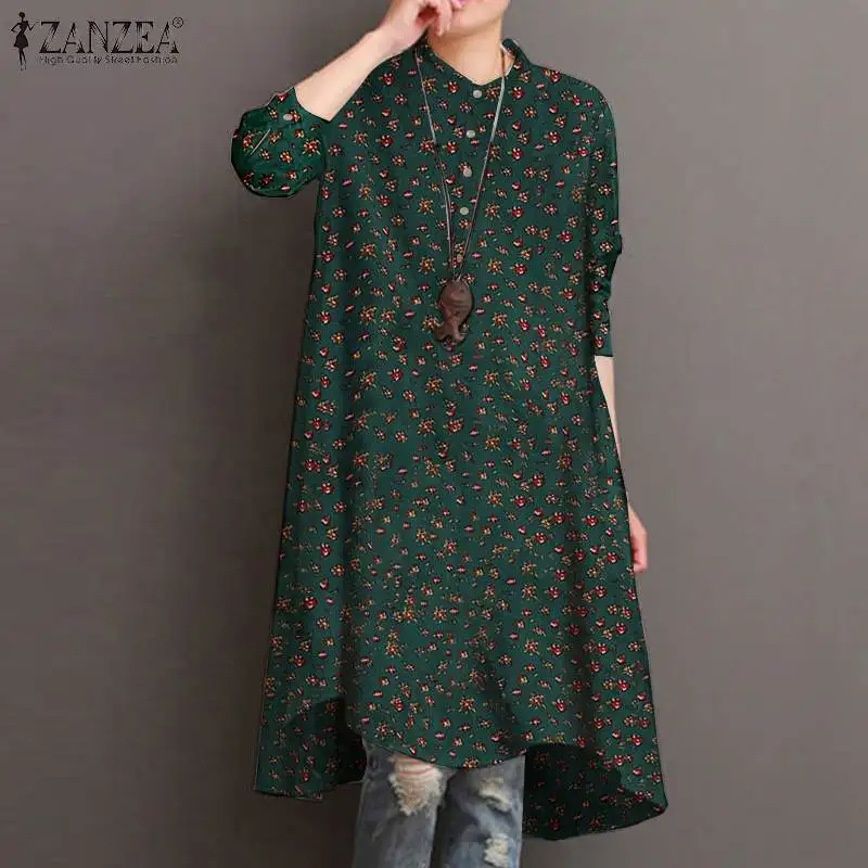 Kaftan Floral Tops Women\'s Autumn Blouse ZANZEA 2023 Casual Asymmetrical Tunic Female Button Down Blusas Oversized Tunic