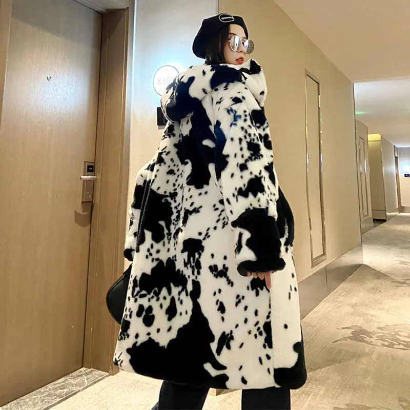 2024 Winter Parka Jacket Faux Fur Women Thickened Cow Pattern Hooded Fur Coat Lengthened Oversize Overcoat Veste Fourrure Homme