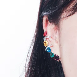QooLady High Quality Yellow Red Fashion Cubic Zirconia Ear Cuff Clip On Half Round Design Long Stud Earrings for Women E019