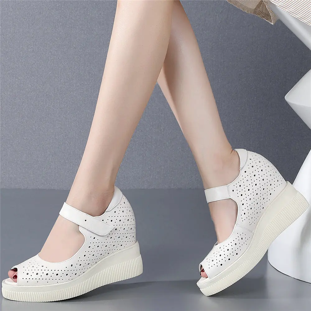 Summer Mary Janes Women Genuine Leather Wedges High Heel Gladiator Sandals Female Peep Toe Platform Pumps Shoes Casual Shoes