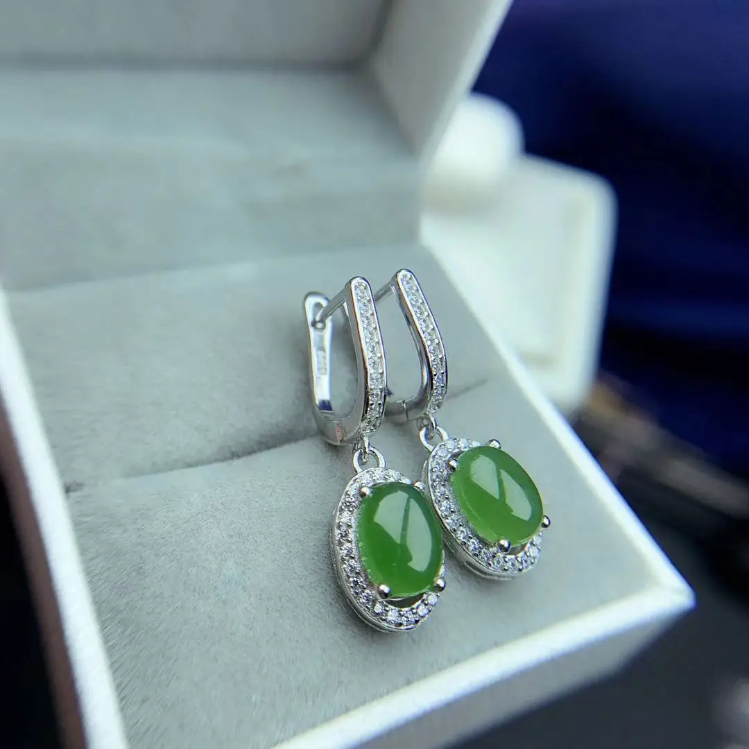 Classic Sterling Silver Green Jade Drop Earrings 6mm*8mm Natural Jade Silver Eardrop 925 Silver Jade Jewelry