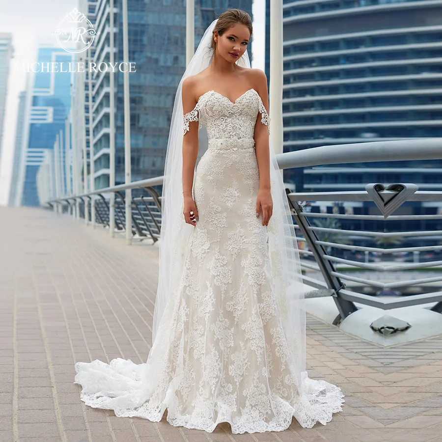 

Michelle Royce Mermaid Wedding Dresses 2024 Sweetheart Off the Shoulder Lace Up Bow Chapel Train Bride Gowns Vestido De Novia