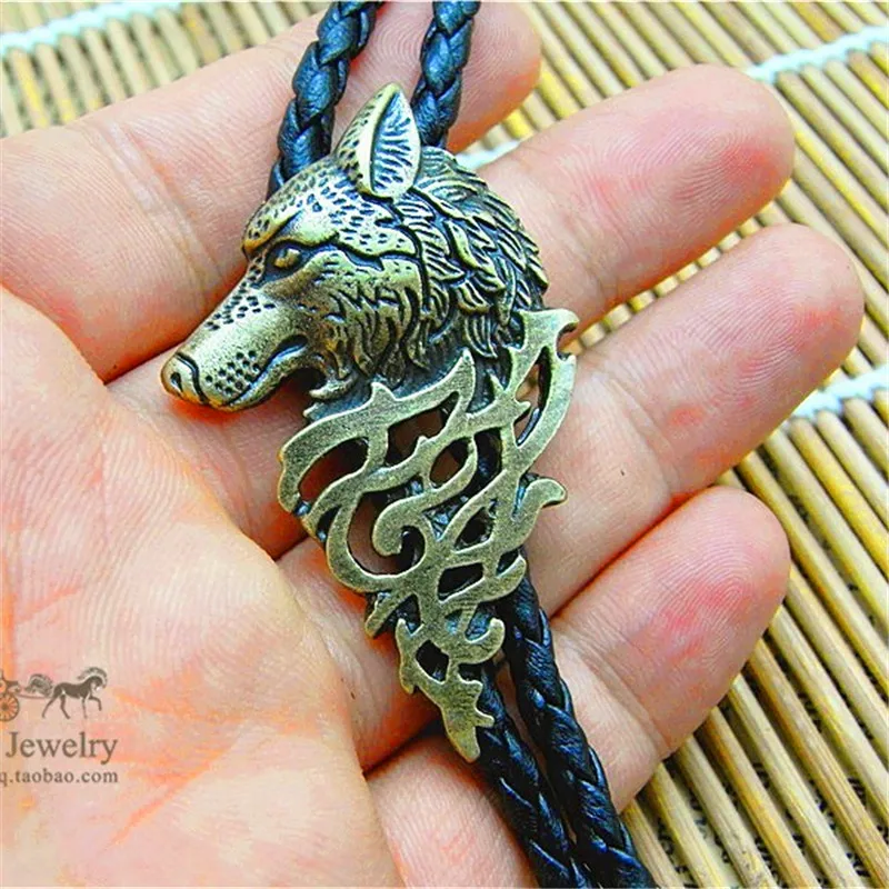 Bolo tie Retro shirt chain Wolf badge Poirot tie rope leather necklace Long tie hang