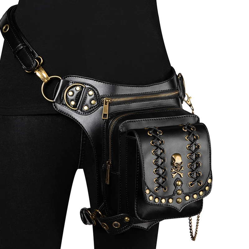 

Rock Men's Leg Bags Steampunk Skulls Gothic Pack Retro Leather Waist Bag for Women Bandage Crossbody Messenger Phone Case Holder