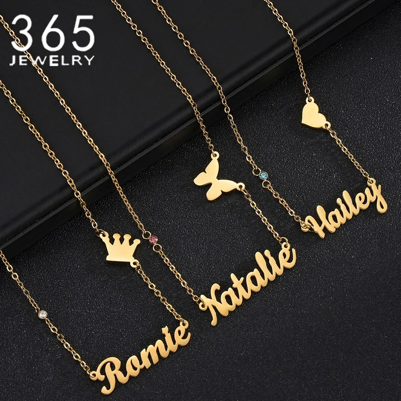 365 Trendy Name Necklace Personalized Stainless Steel Jewelry Custom Shape Zircon Heart Butterfly For Women Girls Christmas Gift
