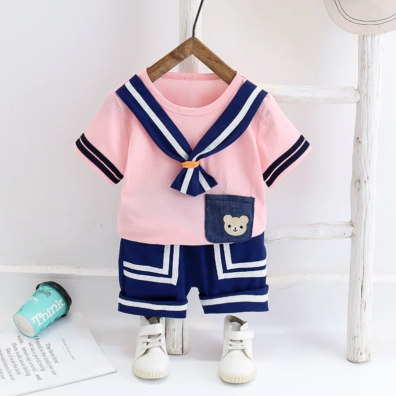 Summer Navy Style Set Girls Boys Cotton Clothes Short Sleeve T-shirt + Shorts for Toddler Kids Baby Costume Cute Suit