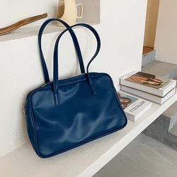 Soft PU Leather Women Big Purse Handbags Large Capacity Student Girls Tote Shoulder Bags Solid Color Female Blue Underarm Bags