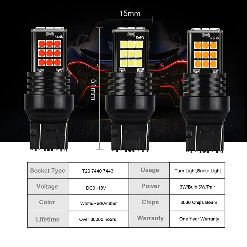 NLpearl-Lámpara de señal de coche, Bombilla 7440 Led 3030 24SMD T20 7443 Led W21W W21/5W 12V, luces traseras de marcha atrás