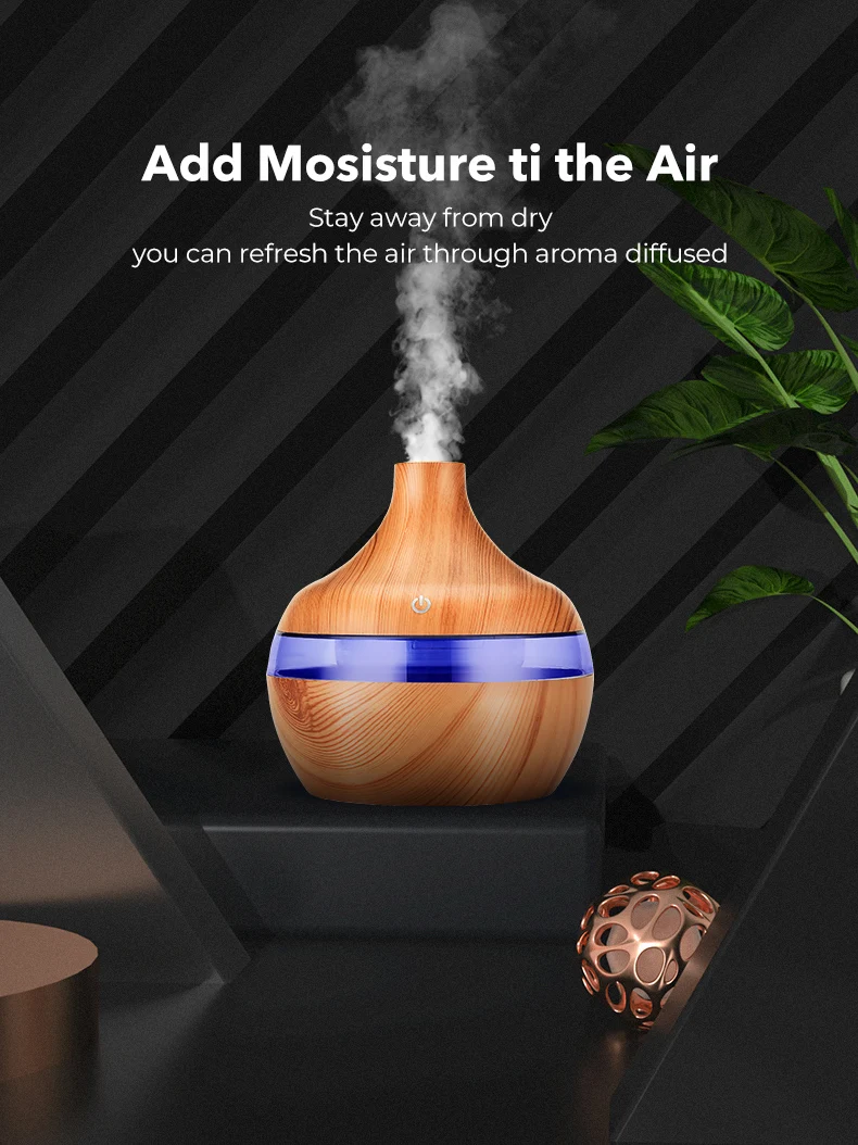 

Electric Humidifier Essential Aroma Oil Diffuser Ultrasonic Wood Grain Air Humidifier USB Mini Mist Maker LED Light