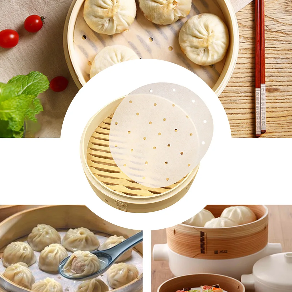 100pcs Air Fryer Liner Perforated Bamboo Steamer Liners Steaming Basket Lining Paper - 10-inch