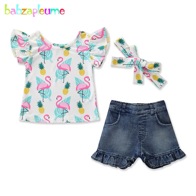 

3PCS 2020 Summer Outfit Baby Girl Clothes Cartoon Cute Sleeveless Kids T-shirt+Toddler Denim Shorts Children Clothing Set BC1853