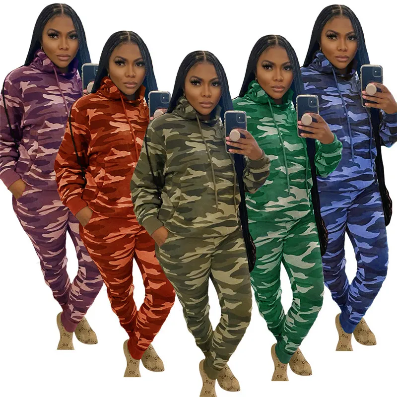 Camouflage Hooded 2 Piece Set Women Tracksuit Autumn Winter Clothes Long Sleeve Top+Pants Joggers Casual Sweatsuit Matching Sets