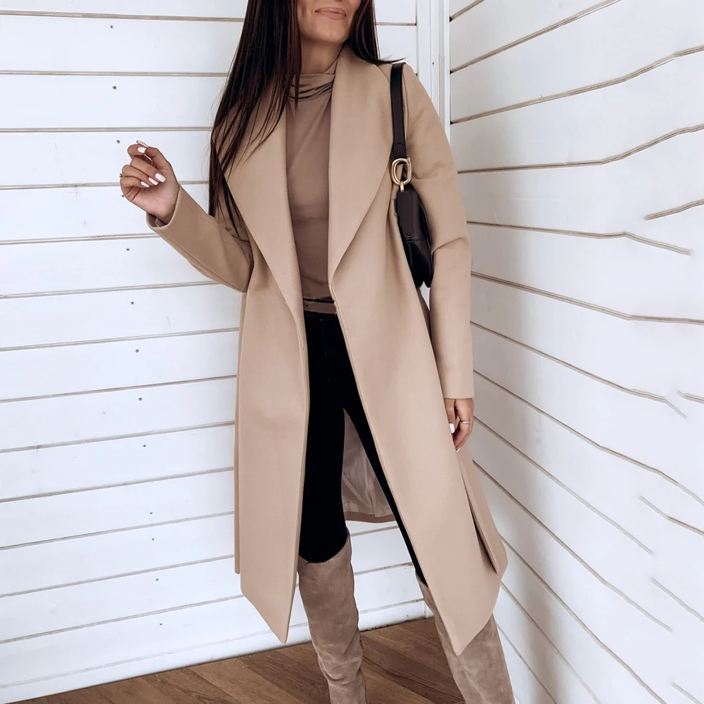 

Autumn Winter Women's Coat Solid Color Long Sleeve Lapel Woolen Cardigan Warm Midi Trench Coat Single-Breasted Women's Jacket