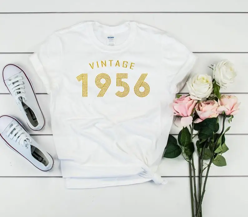 

Glitter Gold-65th birthday T-shirt 1956 vintage T-shirt can be customized for any year Summer casual 100% cotton unisex shirt