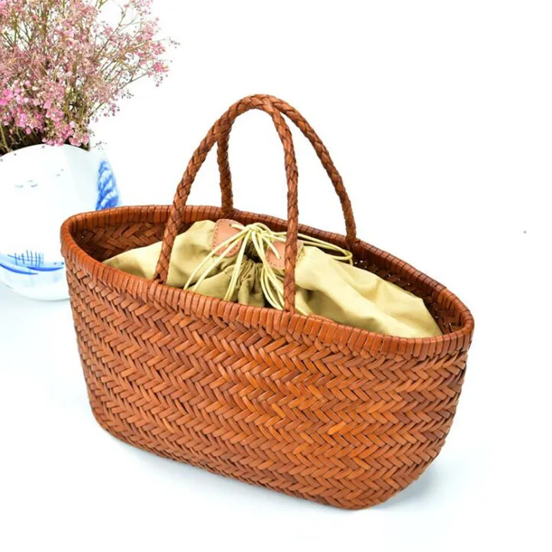 Cowhide woven bag100% Genuine Leather Woven casual vegetable basket bag with Casual Woven Inside Bag Vintage Shopping Bag