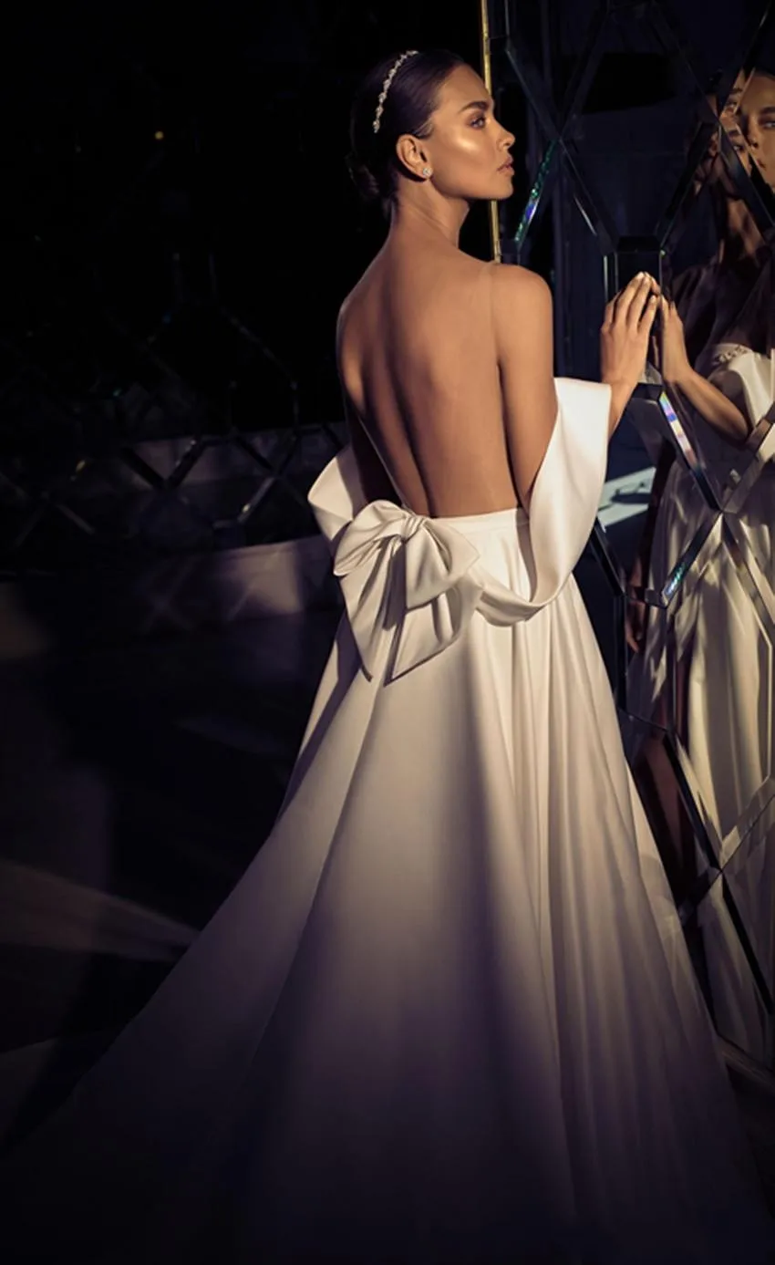 Eliav Sasson – robe De mariée en Satin, simple, ligne A, épaules dénudées, fente latérale, Sexy, balayage, traine