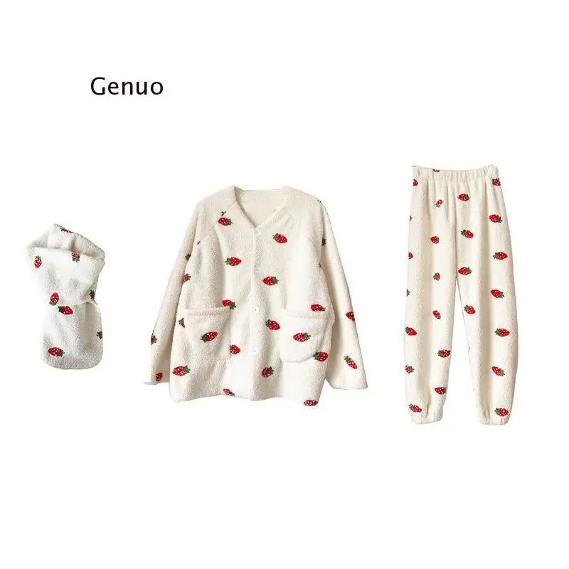 С плюшевой подкладкой пижама из двух частей комплект Для женщин сладкие и с милым клубничным рисунком шелковый шарф с принтом карманы комплект с v-образным вырезом для Для женщин