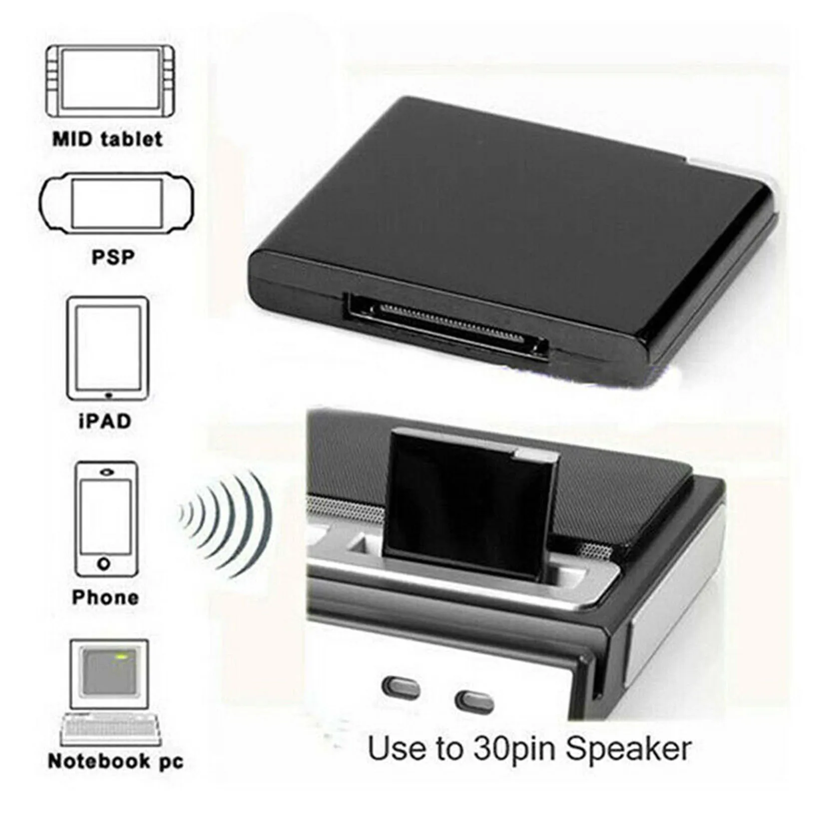 30Pin Wireless bluetooth A2DP Music Receiver Audio Adapter Dock For iPhone iPod