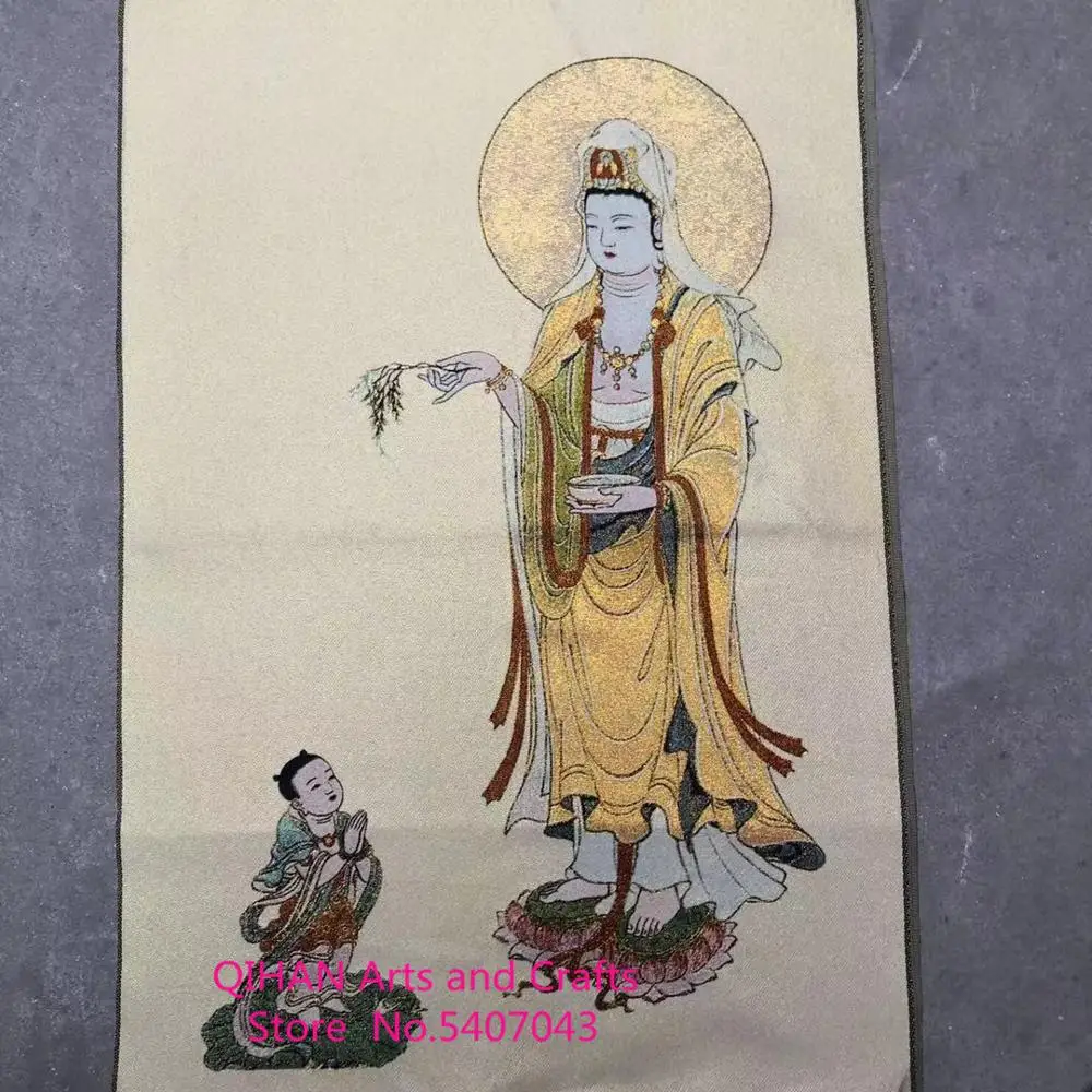 

Antique religious Buddha brocade silk embroidered Thangka Buddha Ruyi Guanyin Bodhisattva child worship video