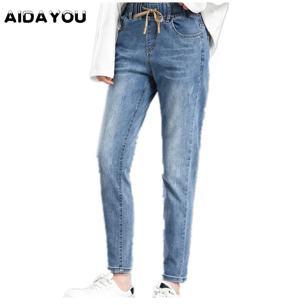 Jeans Pinggang Elastis Wanita Celana Elastis Menarik Elastis Kaki Lurus Longgar Pacar Celana Elastis Mode Jepang Korea Ouc288