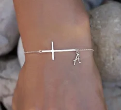 Sideways Cross Bracelet with Dainty Initial - Initial Bracelet In Silver Plated