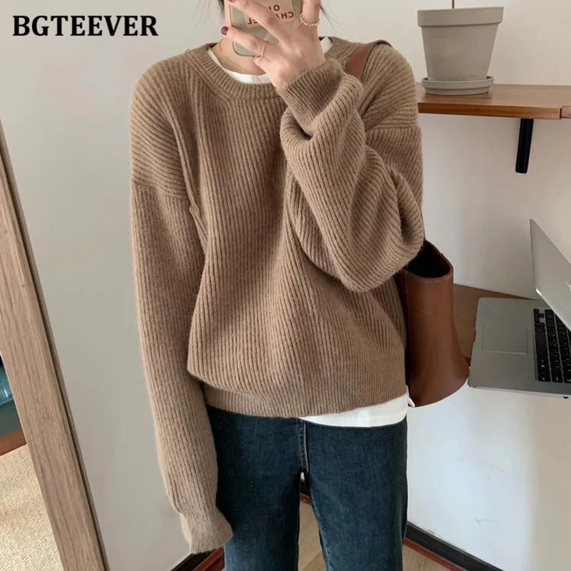 BGTEEVER Autumn Winter Warm Loose Full Sleeve Women Knitted Pullovers Tops Casual O-neck Female Solid Sweaters Jumpers 2021