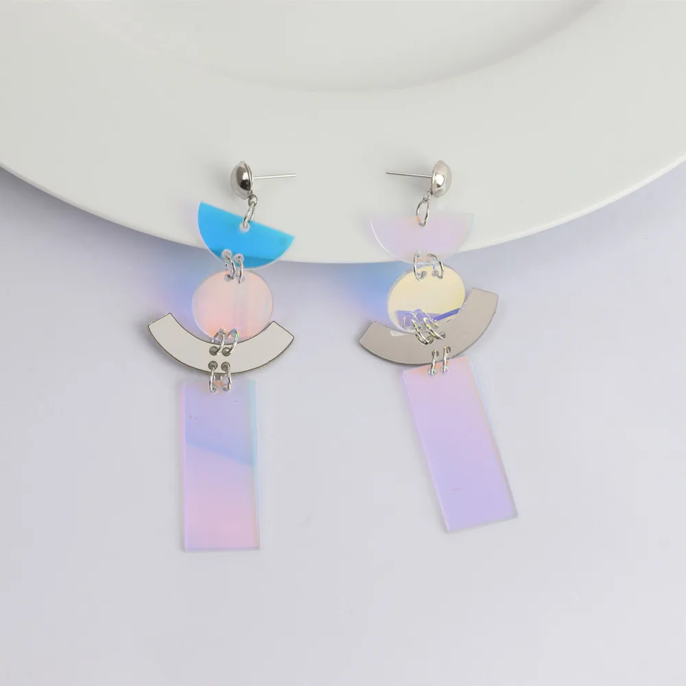 New Laser Iridescent Acrylic Long Geometric Earrings for Women Girls New Rectangle Round Moon Drop Earring Fashion Party Jewelry