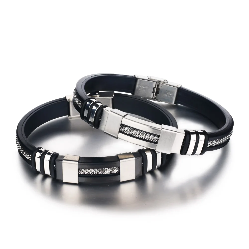 Stainless Steel Black Silicone Grooved Mesh Popcorn Chain Bracelet 2024 Trend Casual Punk Style  Men's Wristband Bracelet