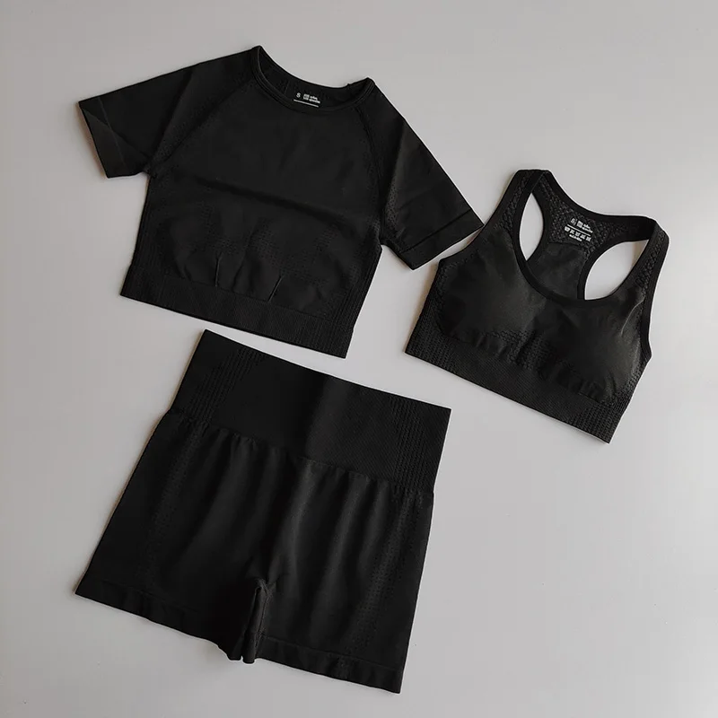 3PCS Seamless Women Yoga Set Sportswear Gym Clothing Fitness Sports Bra Crop Top Short Sleeve High Waist Leggings Sports Suit