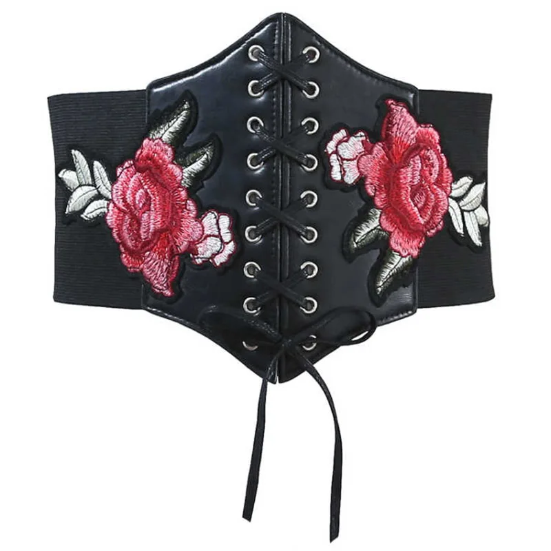

New Vintage Black Leather Cummerbunds Female Woman Belt Floral Elegant Women'S Belts Embroidery Stretchy Dress Decoration Lady
