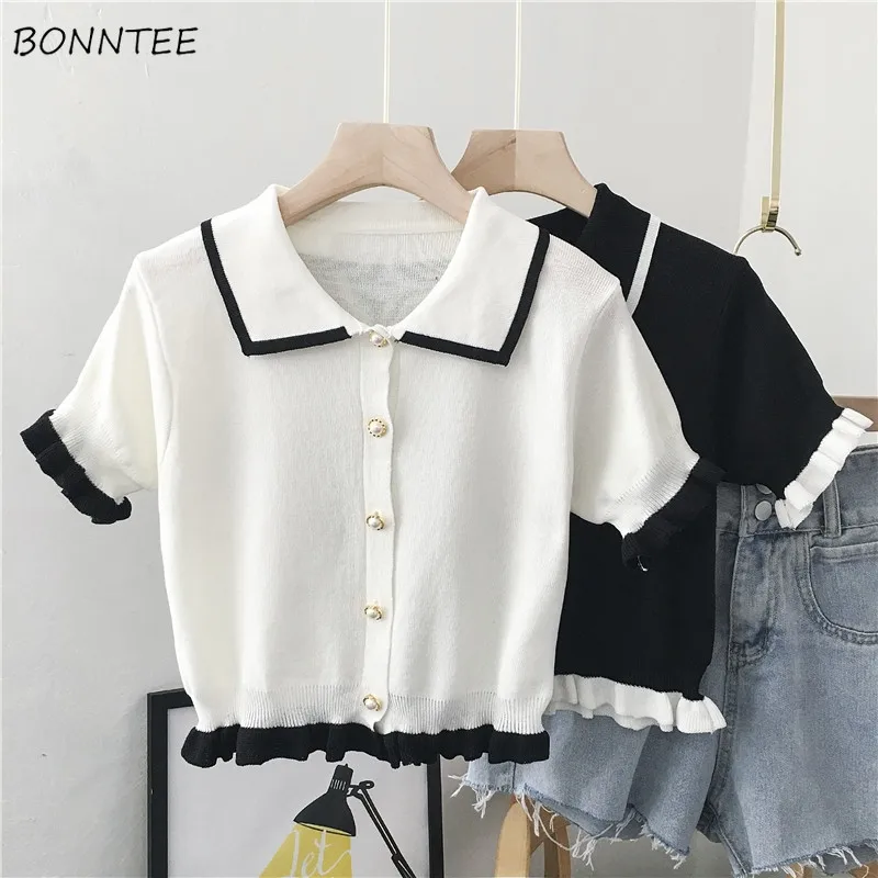 Short Sleeve Shirts Women Summer Ruffles College Knitted Ulzzang Design Crop Tops Leisure All-match Stylish Holiday New Arrival