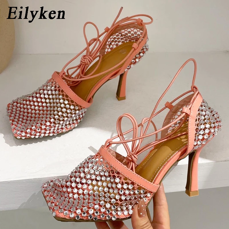 Eilyken Sexy Elegant Crystal Diamonds Breathable Mesh Women Pumps Shoes Fashion Hollow Out Summer Lace-Up High Heel Sandals