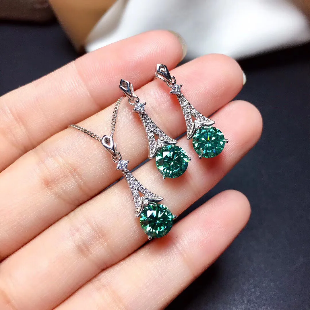 Luxury Iron Tower Design Green Moissanite Pendant Necklaces Drop Earrings For Women Fashion Silver Color Wedding Jewelry Sets