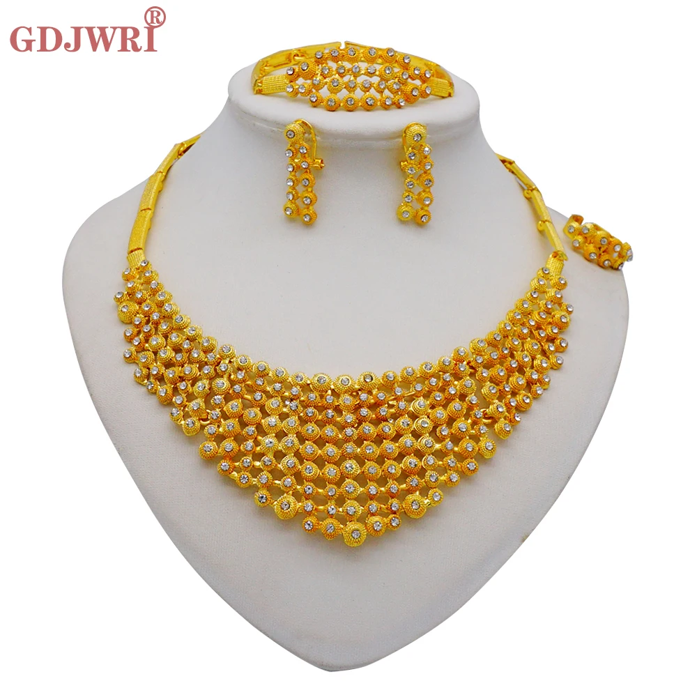 New Design Dubai Gold Color Fashion Wedding Bridal Accessories Necklace Bracelet Ring Bracelet Set African Costume Jewelry Sets