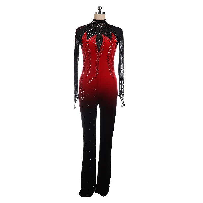 Figure skating tights jumpsuit girl women\'s skating black and red gradient one custom