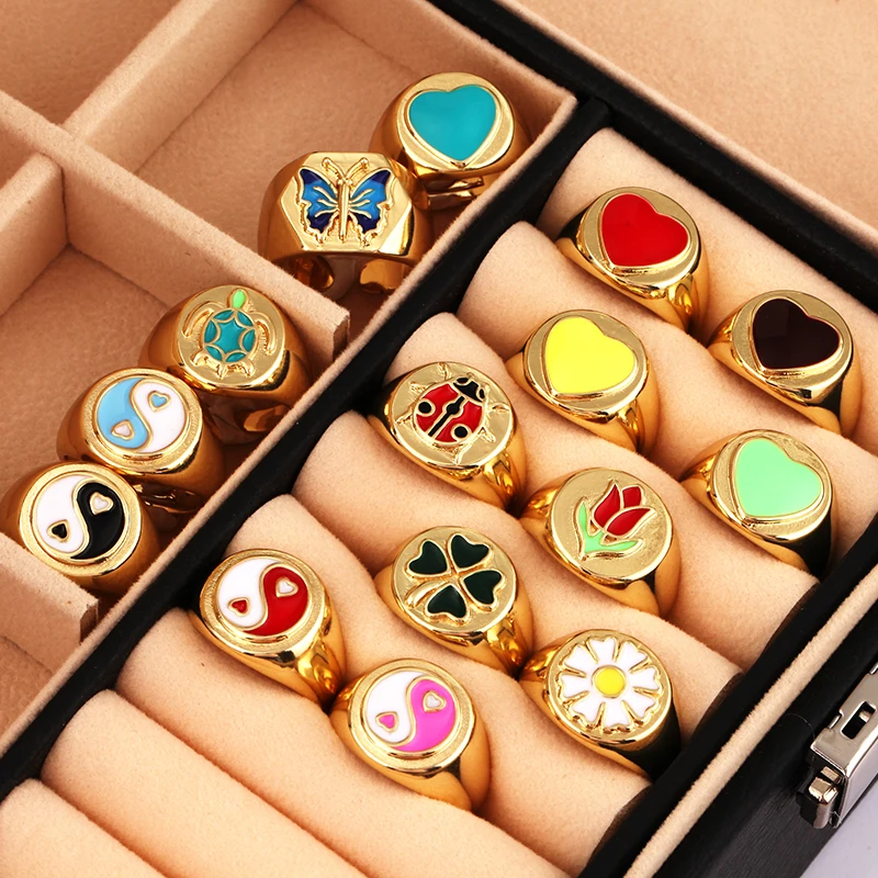 Daisy Flower Ladybug Butterfly Heart Taiji Clover Finger Ring Antique Grandma\'s Women\'s Adjustable Ring Girl Party Jewelry P32