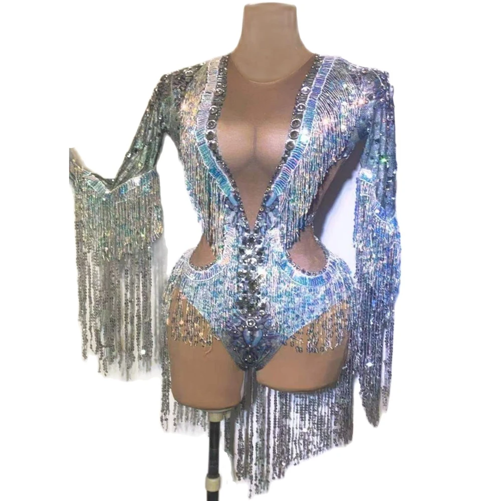 

Silver Women Rhinestone Bodysuits Tassel Crystal Bodycon Rompers Latin Dance Party Stage Nightclub Drag Queen Costume