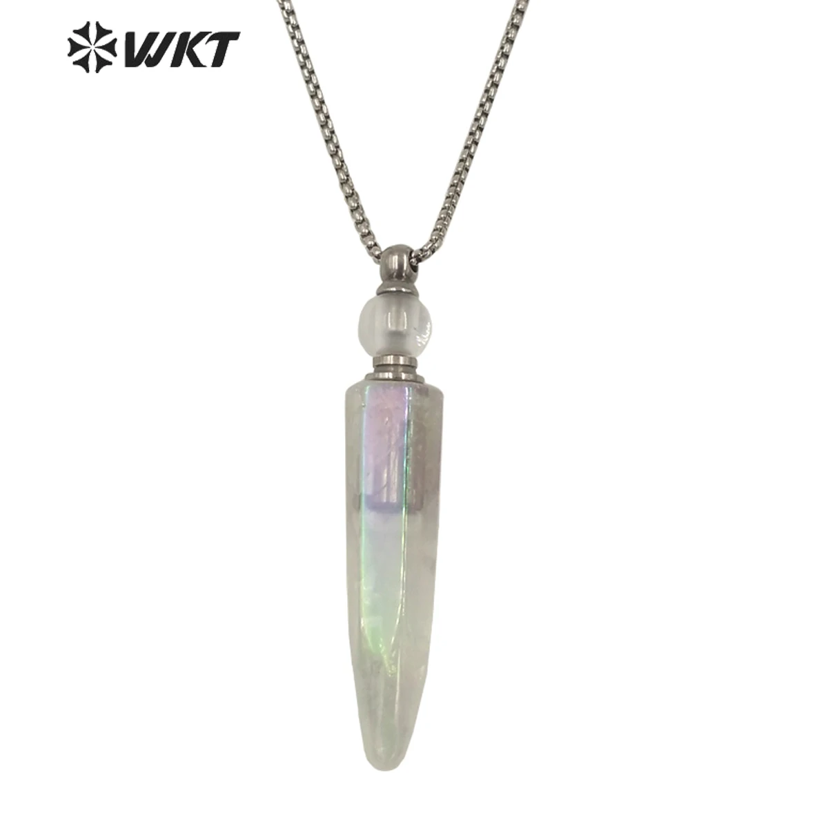 

WT-N1259 Steel Amazing Natural Aura Crystal Quartz Point Perfume Bottle Necklace Unisex Spirit Stone Fine Jewelry